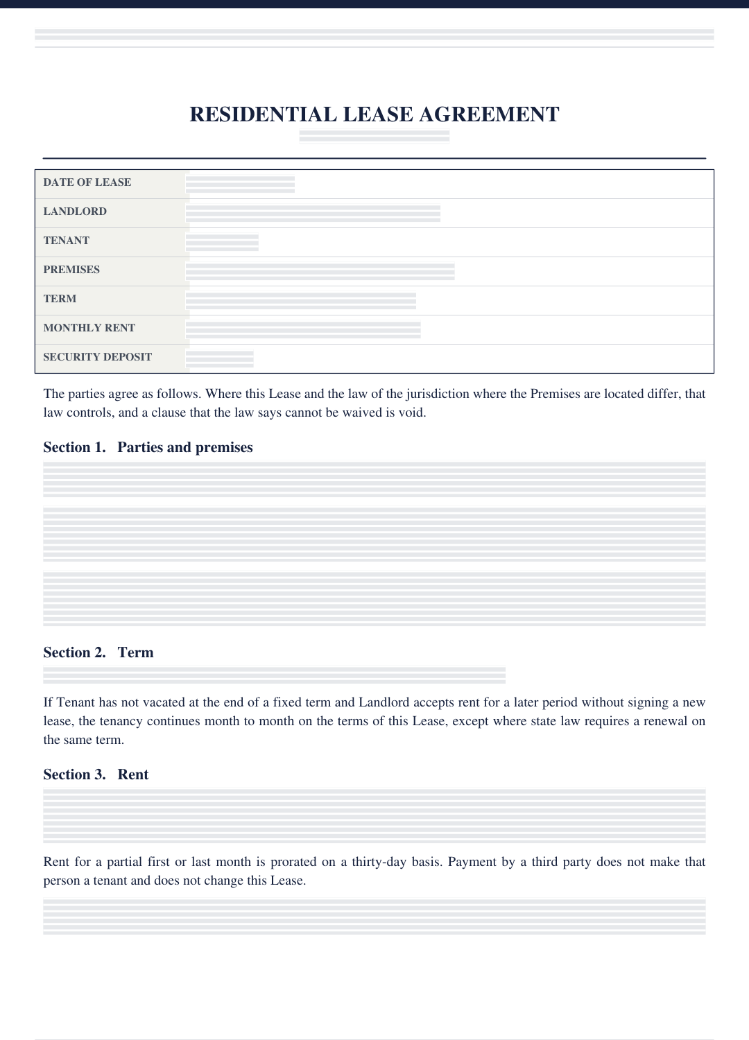 Page one of a finished lease. Names, the address, the dates, and the amounts are covered.